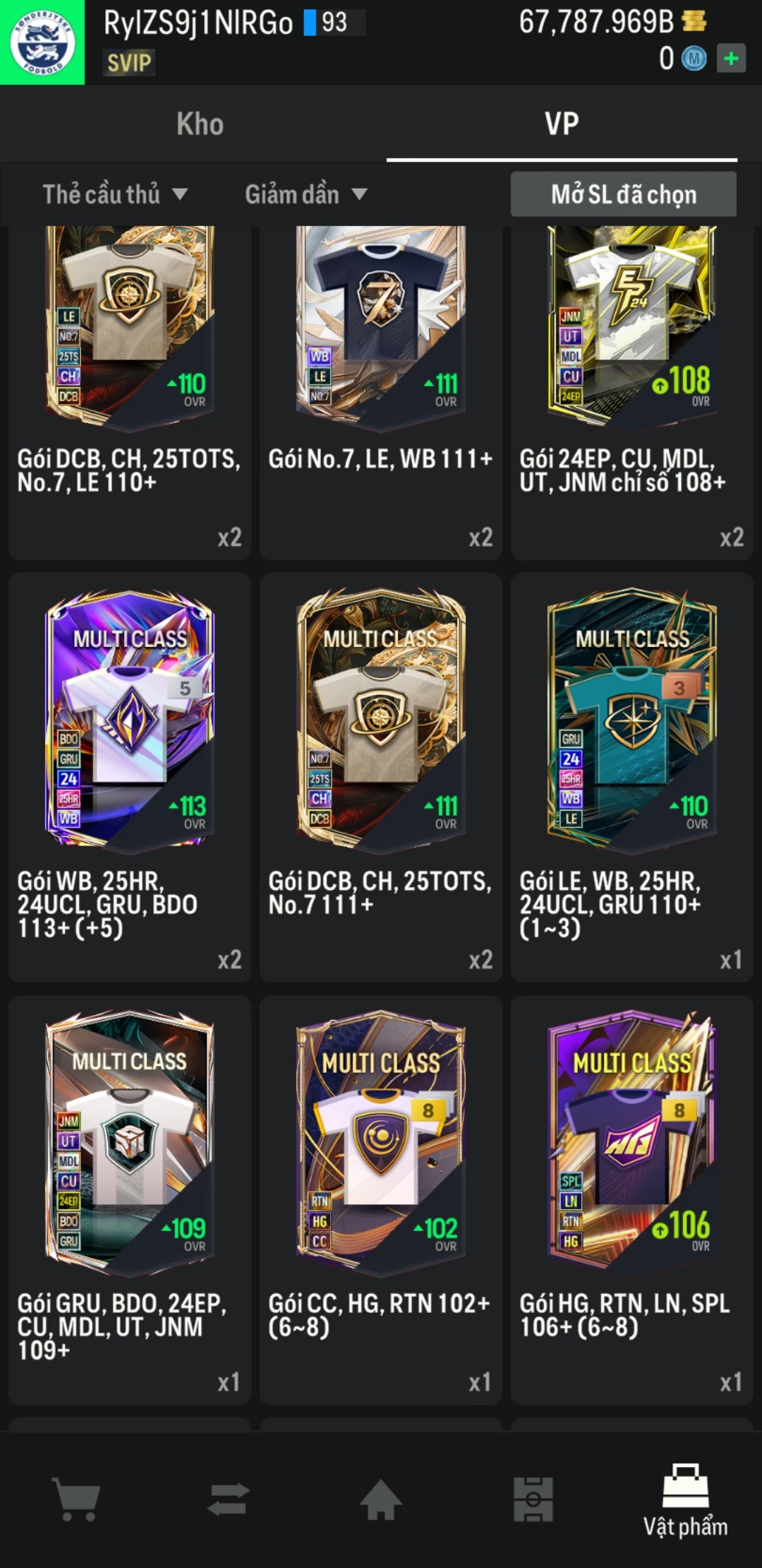 Ảnh ACC mở thẻ (LOẠI SVIP PROMAX) bao gồm 1 gói thẻ +12, thẻ PRIME và 1000+ thẻ cầu thủ từ Siêu sao đến Miền núi các loại. Có sẵn BP trắng trong acc từ 57.000 tỷ BP đến 67.000 tỷ BP, kèm theo nhiều ngày SVIP